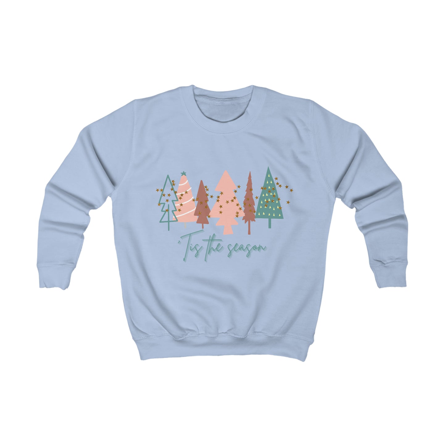A cozy Printify Youth Sweatshirt with trees on it, perfect for the winter months.