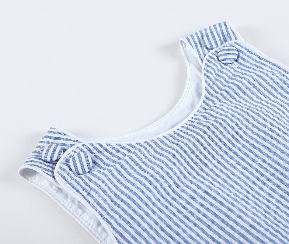 A Lil Cactus Classic Dark Blue Seersucker Baby Bubble Romper: 3-6M with blue and white stripes and buttons.