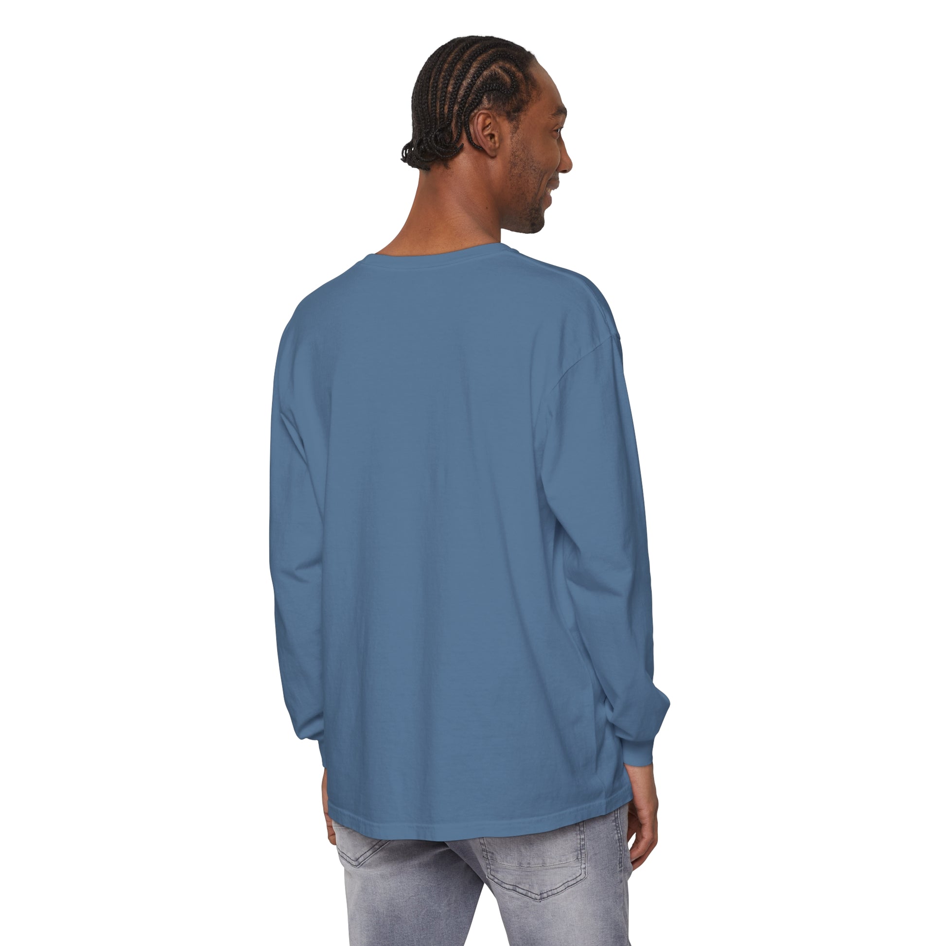 The back view of a man wearing a blue Printify Comfort Colors Unisex Shirt.