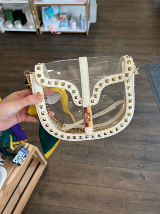 Clear & White Purse with Gold Studs & Chain Strap Crossbody Bag - Chickie Collective