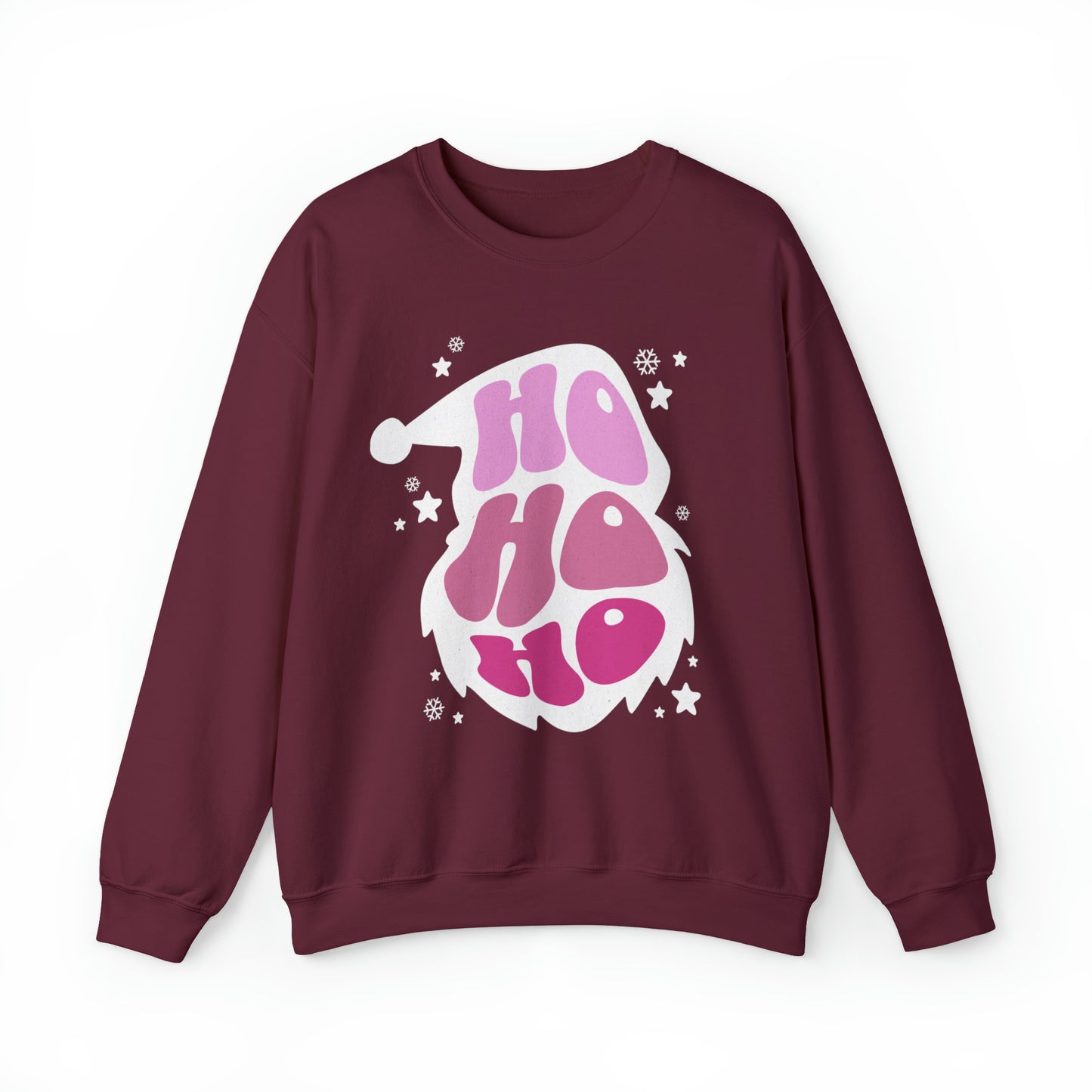A cozy maroon sweatshirt with the timeless style of Ho Ho Ho Santa Outline Pink Holiday Sweatshirt - Cozy Crewneck - Festive Christmas Sweater from Printify written on it.