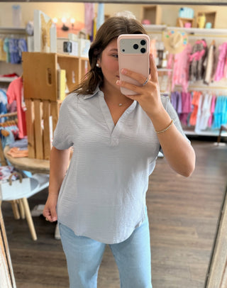 Light Grey Woven Collared V-Neck Shortsleeve Top