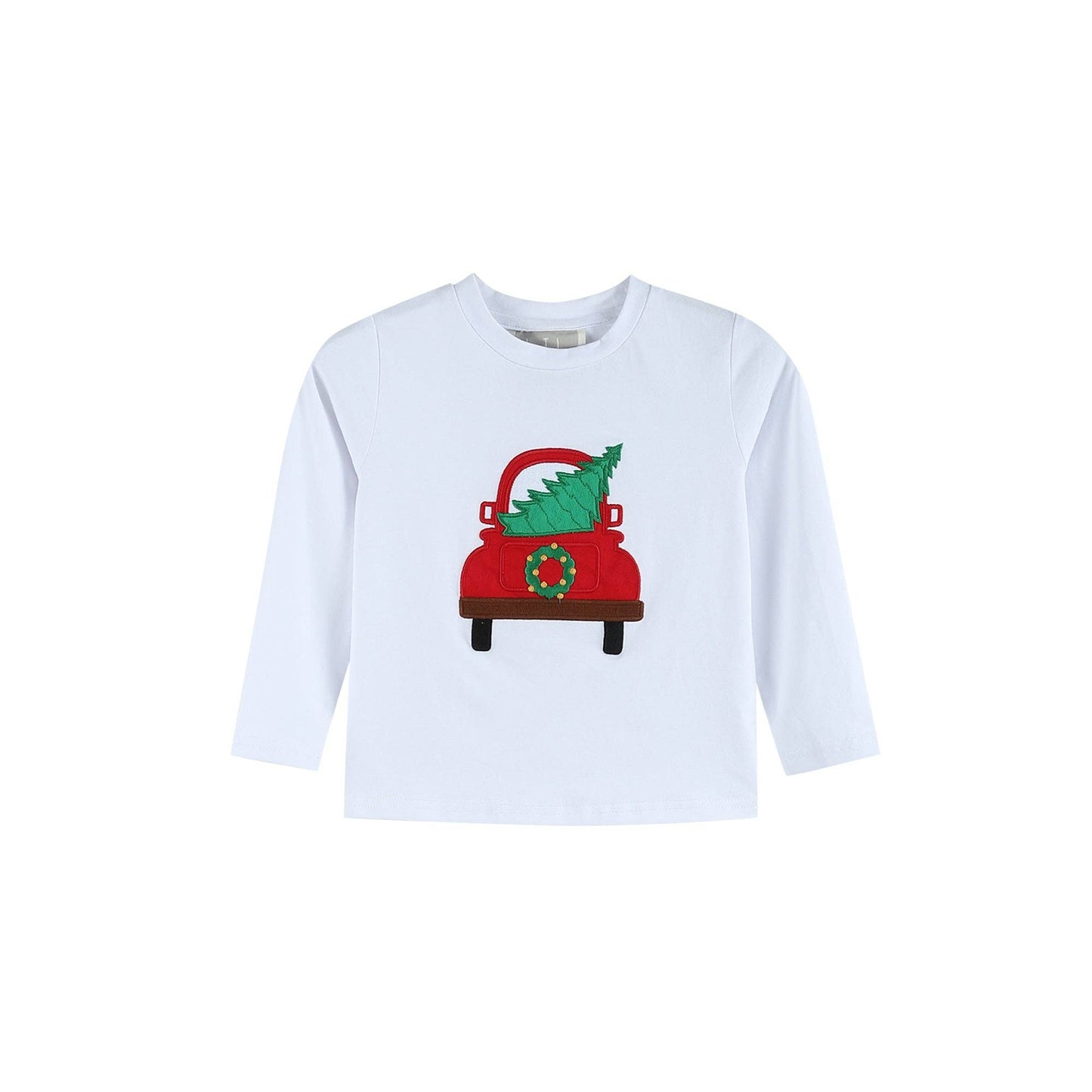 A Lil Cactus White Christmas Tree Truck Shirt and Red Pants Set with a Christmas tree on it.