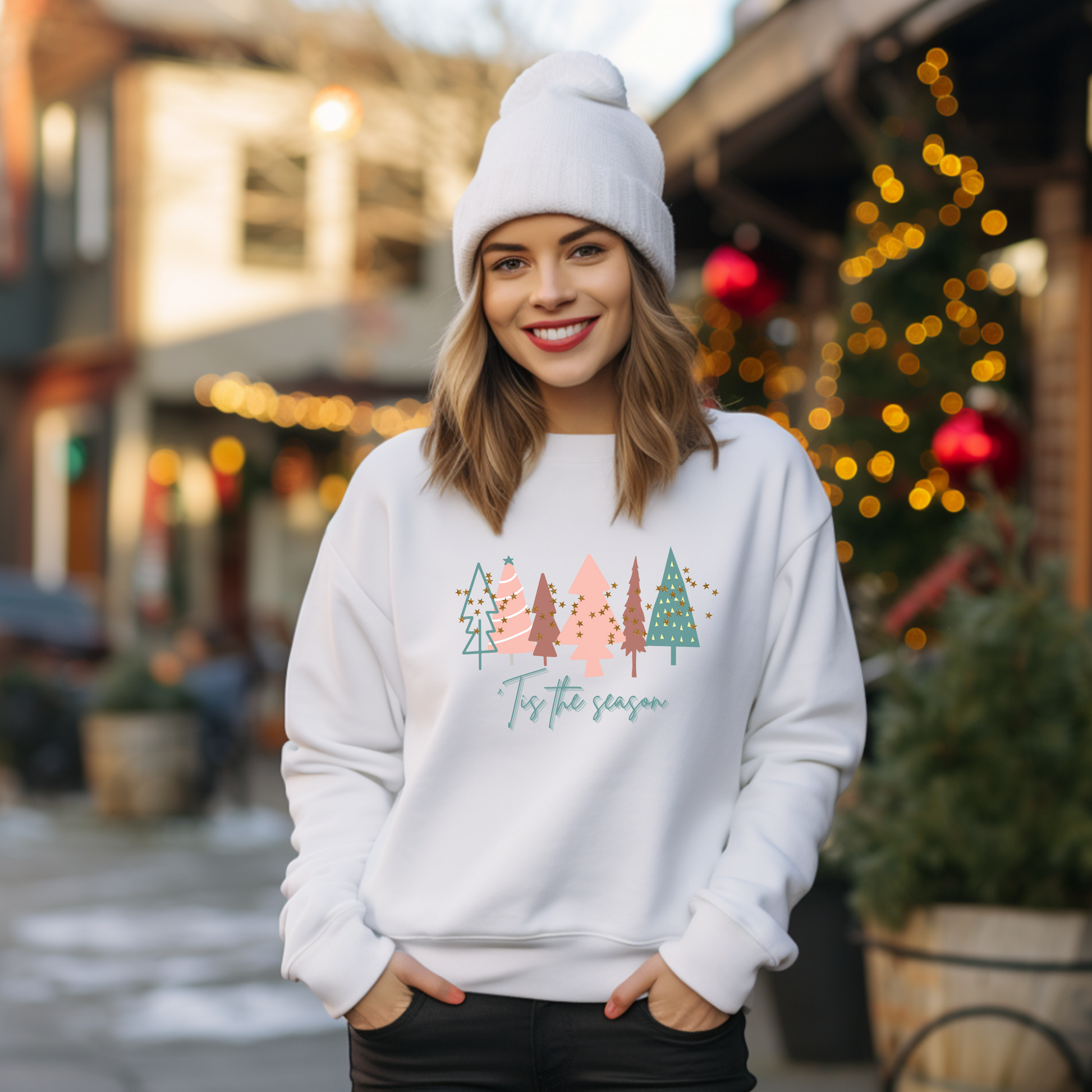 A cozy woman wearing the White Christmas Tree Sweatshirt by Printify.