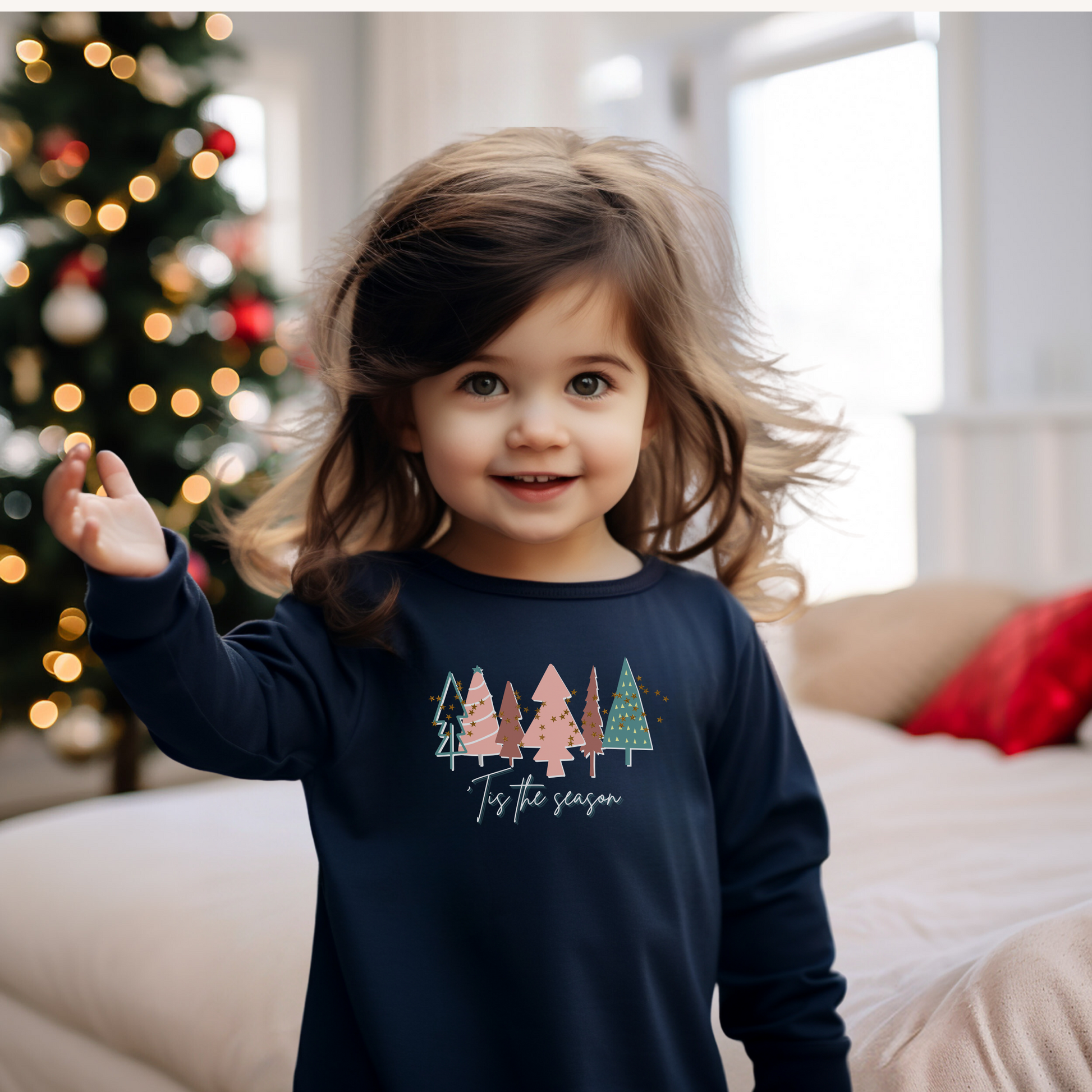 Kids Christmas Tree Navy Long Sleeve Tee - Toddler Crew Neck T-Shirt Kids clothes    - Chickie Collective
