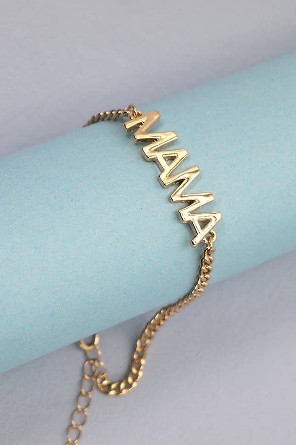 An elegant accessory, the Wall To Wall Accessories Mama Bracelet showcases the word "mama" delicately crafted in gold. This bracelet embodies the essence of motherhood.