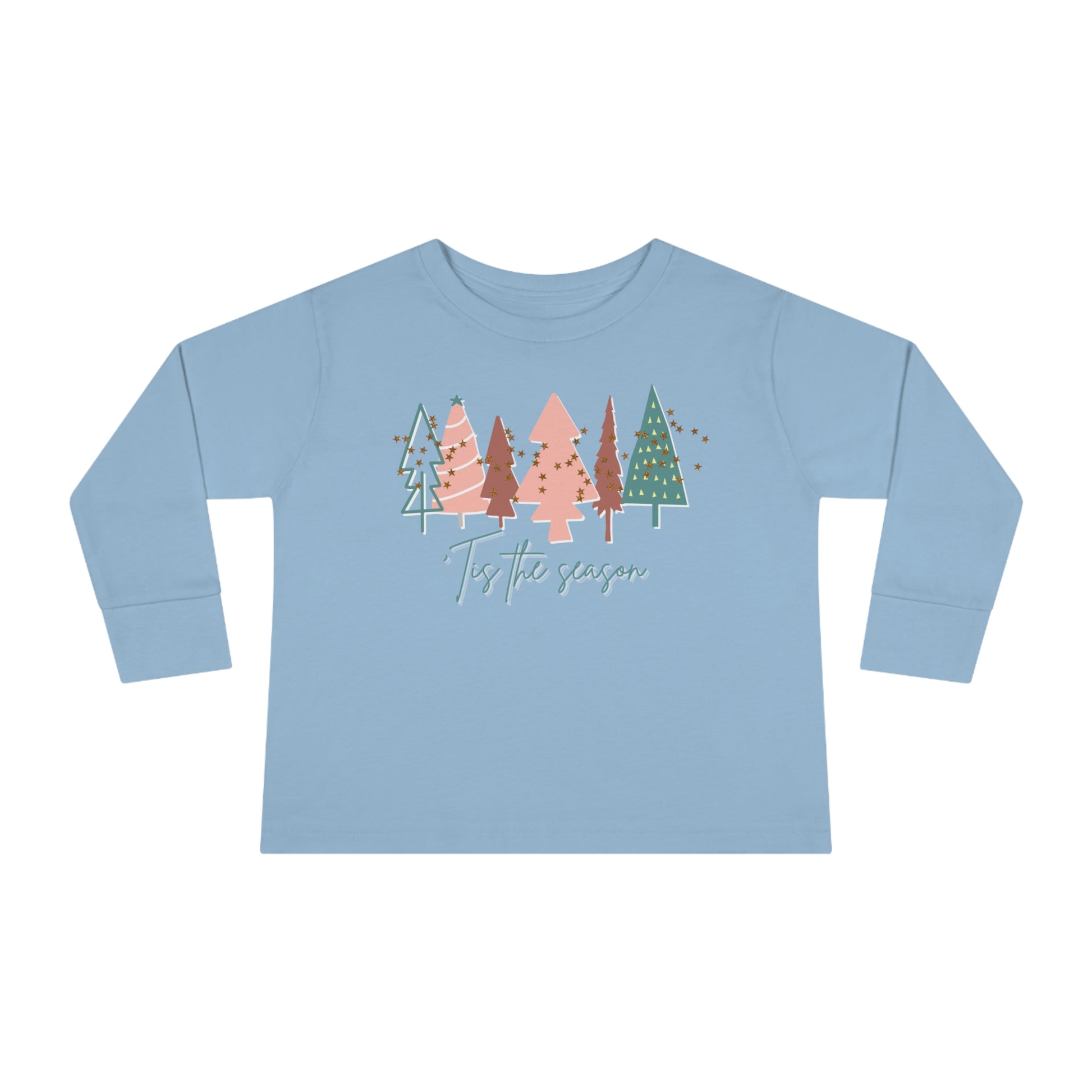 A Kids Christmas Tree Light Blue Long Sleeve Tee - Toddler Crew Neck T-Shirt from Printify. Perfect for kids and parents, this toddler long sleeve Christmas tee is made from 100% combed ringspun cotton.