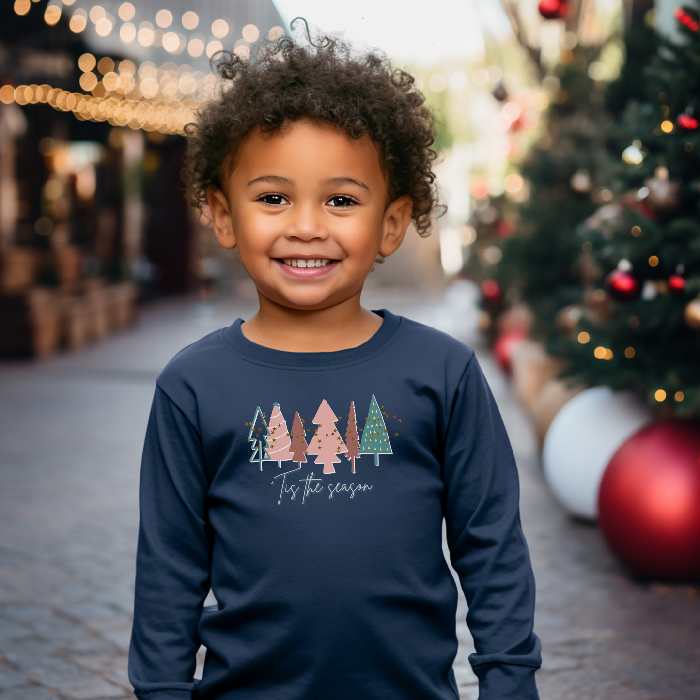 Kids Christmas Tree Navy Long Sleeve Tee - Toddler Crew Neck T-Shirt