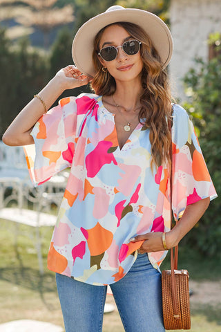 Multicolor Floral Print V Neck Half Sleeve Blouse Women's Top    - Chickie Collective