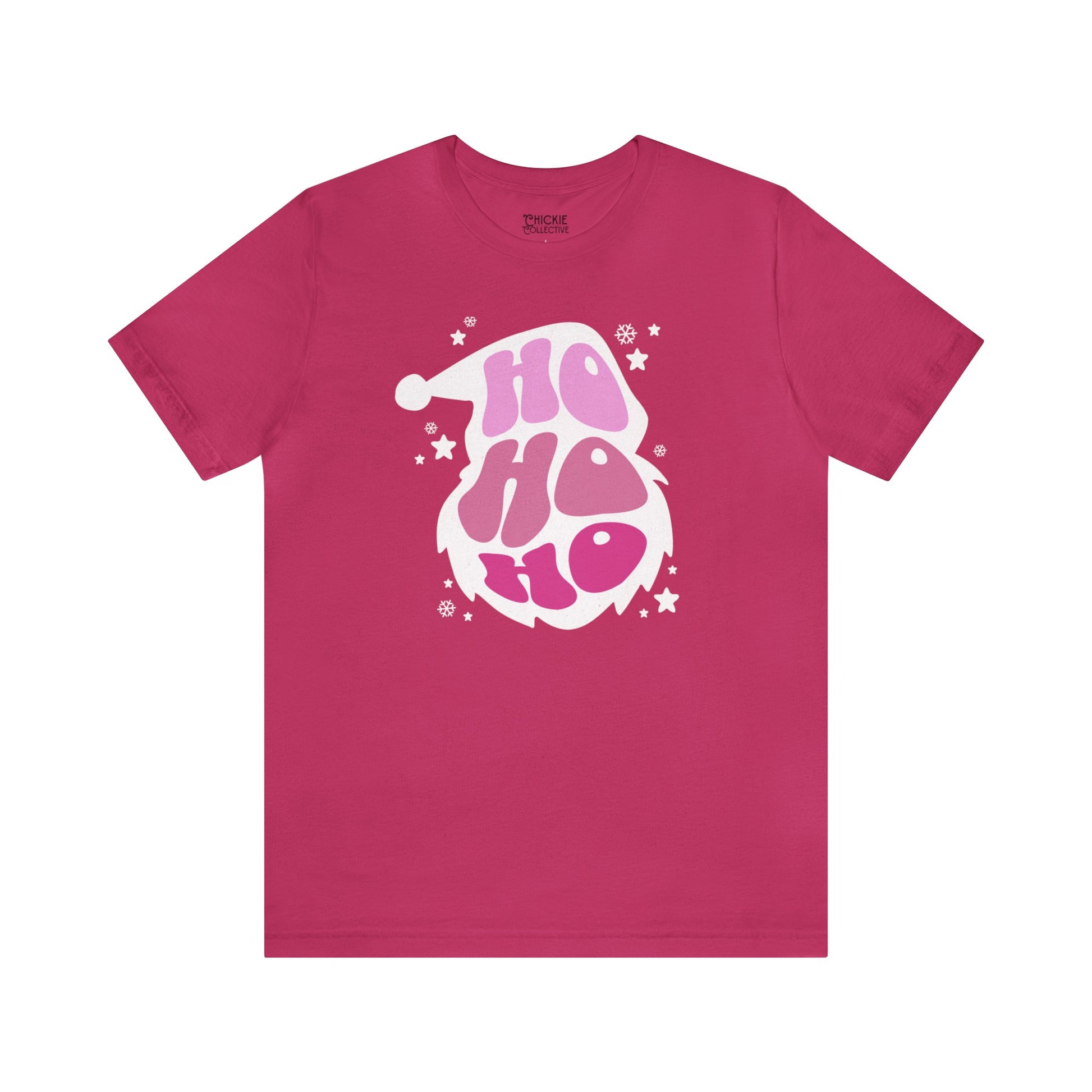 A lightweight pink Unisex Jersey Short Sleeve Tee with an image of a Santa Claus from Printify.