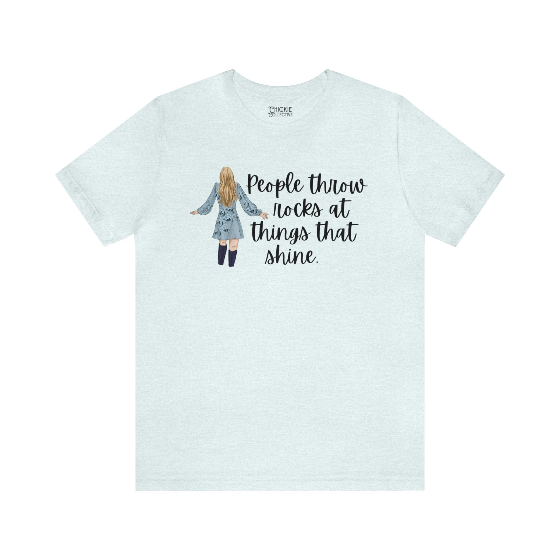 Taylor Swift Preppy Picture T-Shirt - People Throw Rocks at Things That Shine T-Shirt Heather Ice Blue S  - Chickie Collective