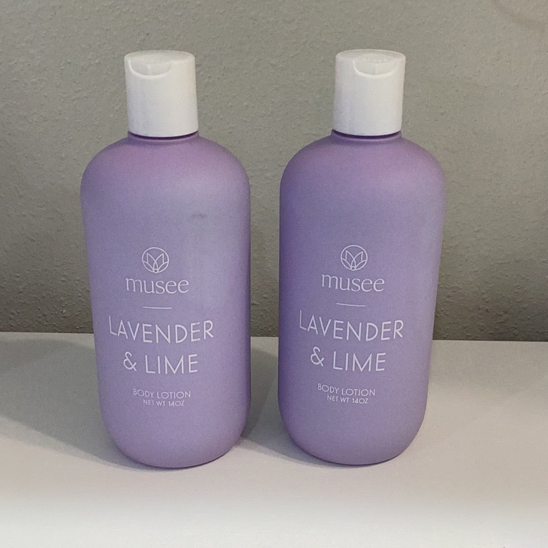 Two bottles of Lavender+Lime Body Lotion by Mussee.