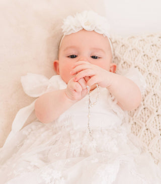 Sterling Silver White Baby Rosary Girl or Boy Baptism Gift - Chickie Collective