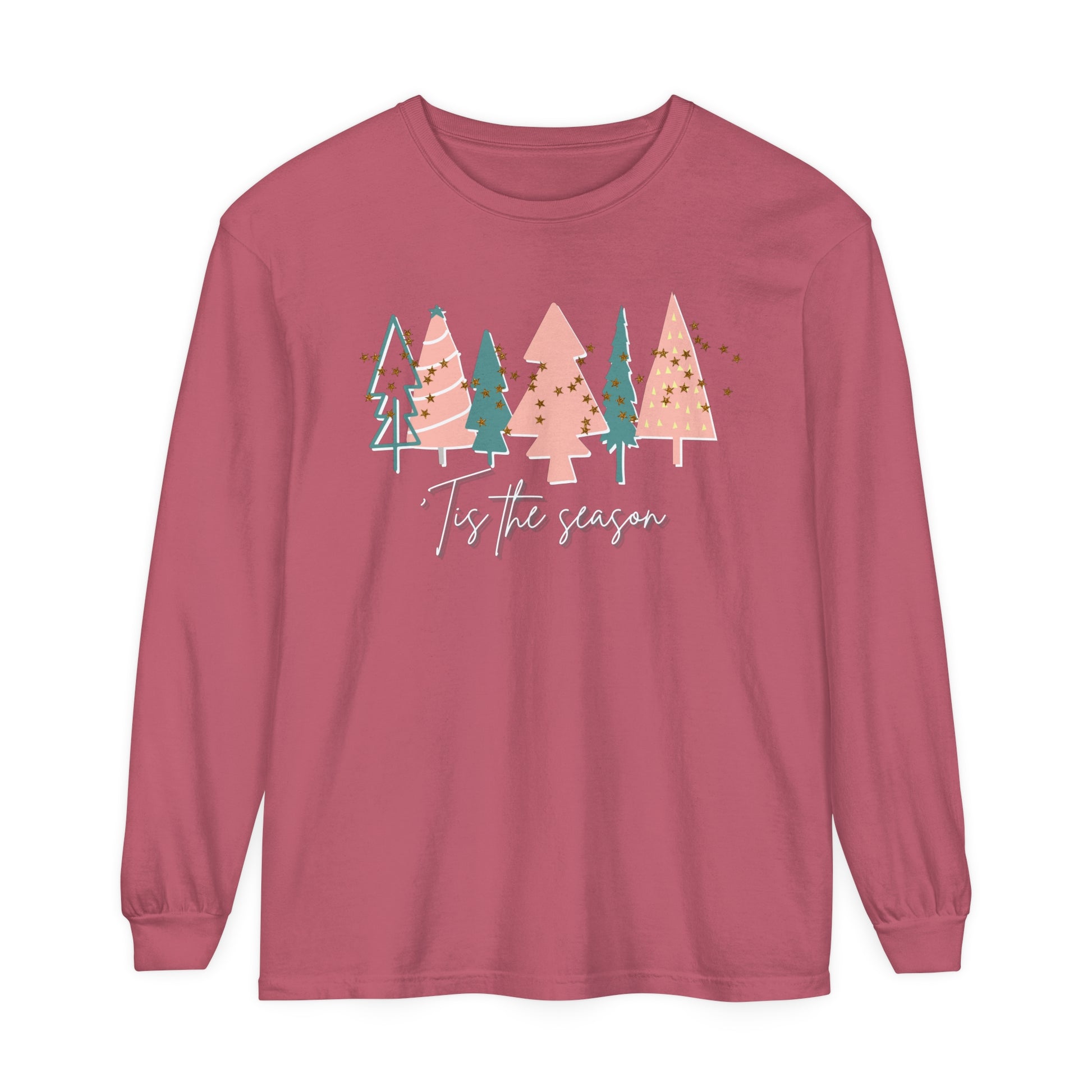 A comfortable and stylish pink long-sleeve Tis the Season Christmas Tree Shirt from Printify for your winter wardrobe.