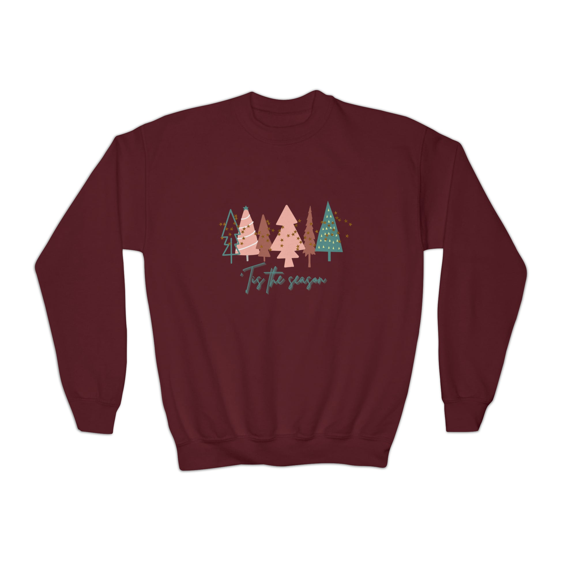 A cozy maroon Printify Christmas sweatshirt with the words "happy holiday" on it.
