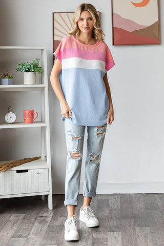 Color Block Ribbed Short Sleeve Top     - Chickie Collective