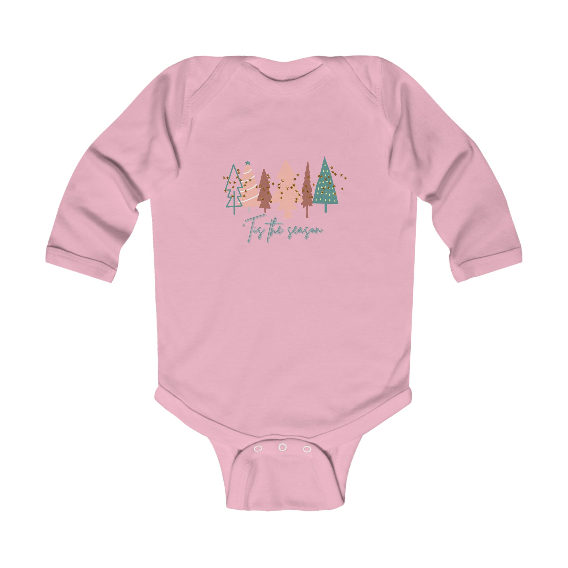 An adorable pink long sleeve Christmas Tree Infant Long Sleeve Bodysuit adorned with a festive Christmas tree to celebrate your infant's first Christmas from Printify.