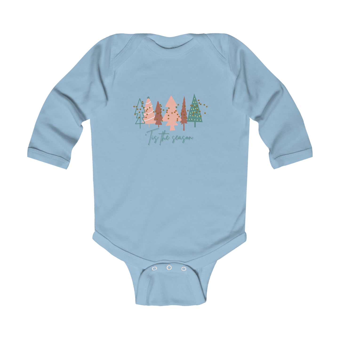 A blue long sleeved Christmas Tree Infant Long Sleeve Bodysuit with an image of trees, perfect for the holiday season. (Brand: Printify)
