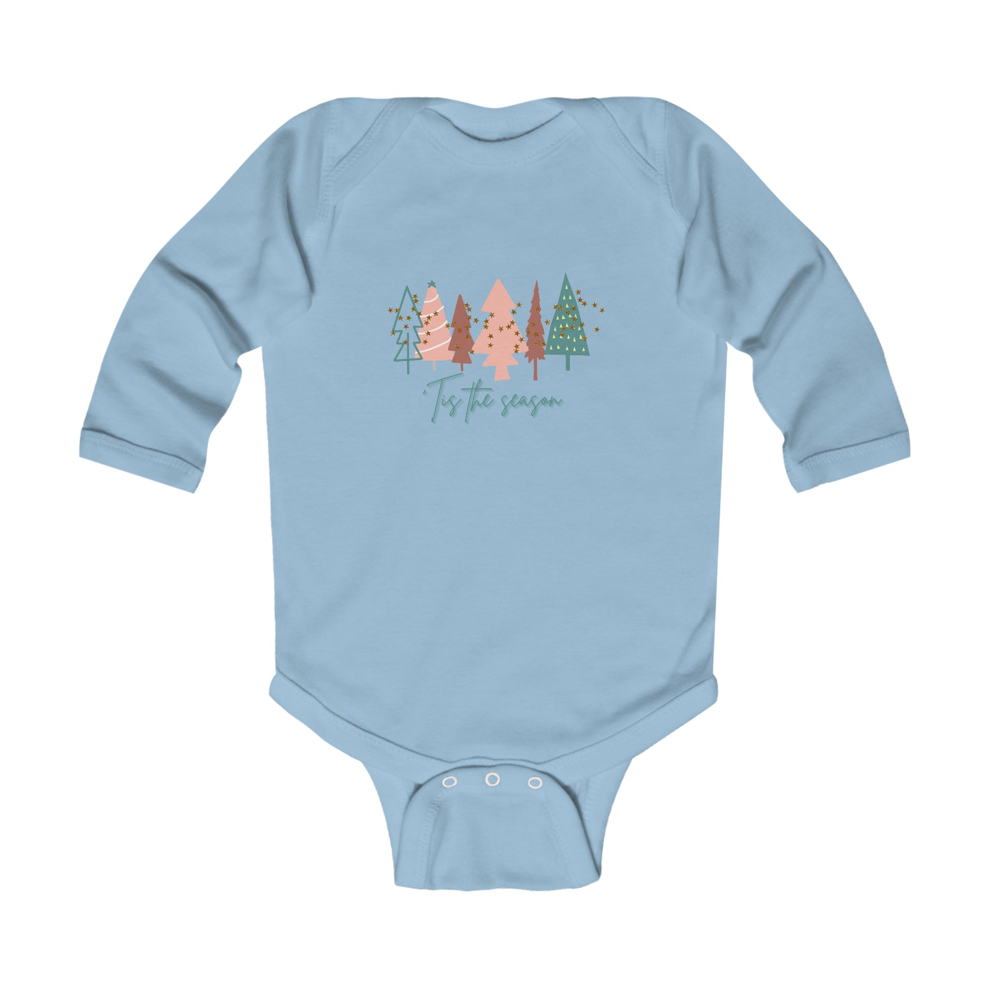 A blue long sleeved Christmas Tree Infant Long Sleeve Bodysuit with an image of trees, perfect for the holiday season. (Brand: Printify)