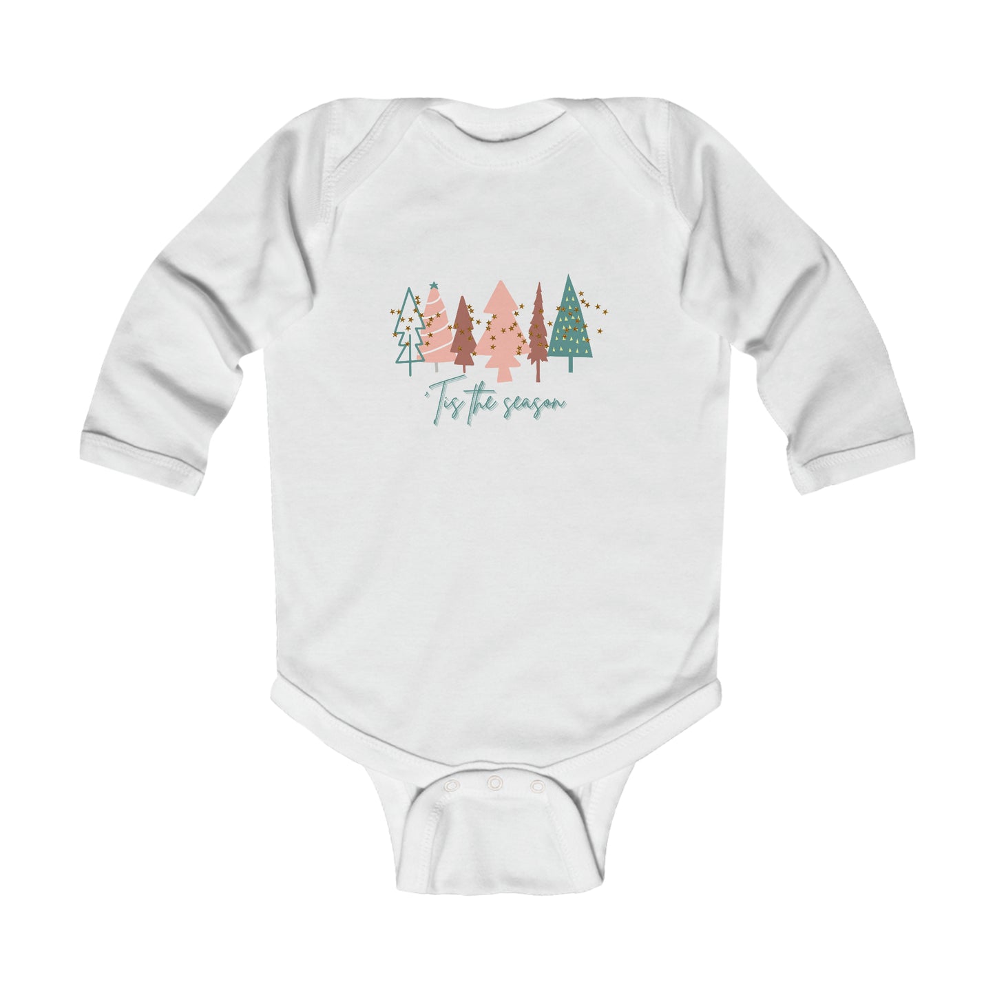 Celebrate your baby's first Christmas with the Printify Christmas Tree Infant Long Sleeve Bodysuit featuring festive trees and the word 'forest'.
