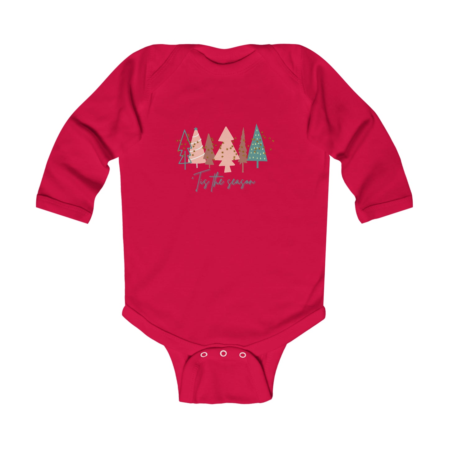 A red Christmas Tree Infant Long Sleeve Bodysuit with Christmas trees, perfect for baby's first Christmas from Printify.