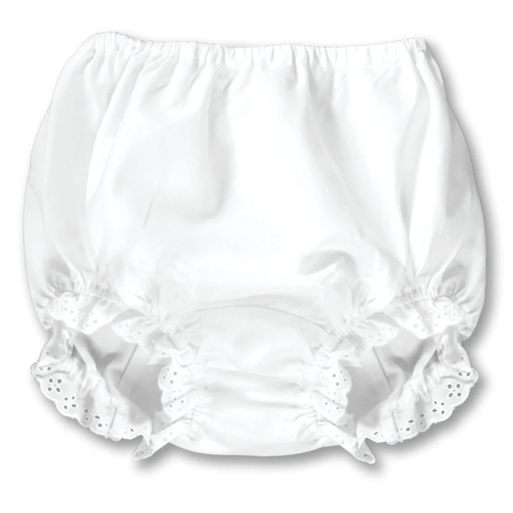 A Rosalina Baby white Eyelet Lace Diaper Cover with ruffles on it.