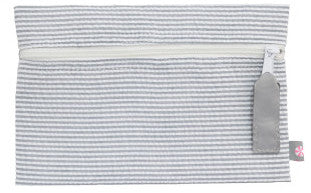 The Mint Seersucker Cosmo Bag is a versatile and essential grey and white striped pouch with a zipper.