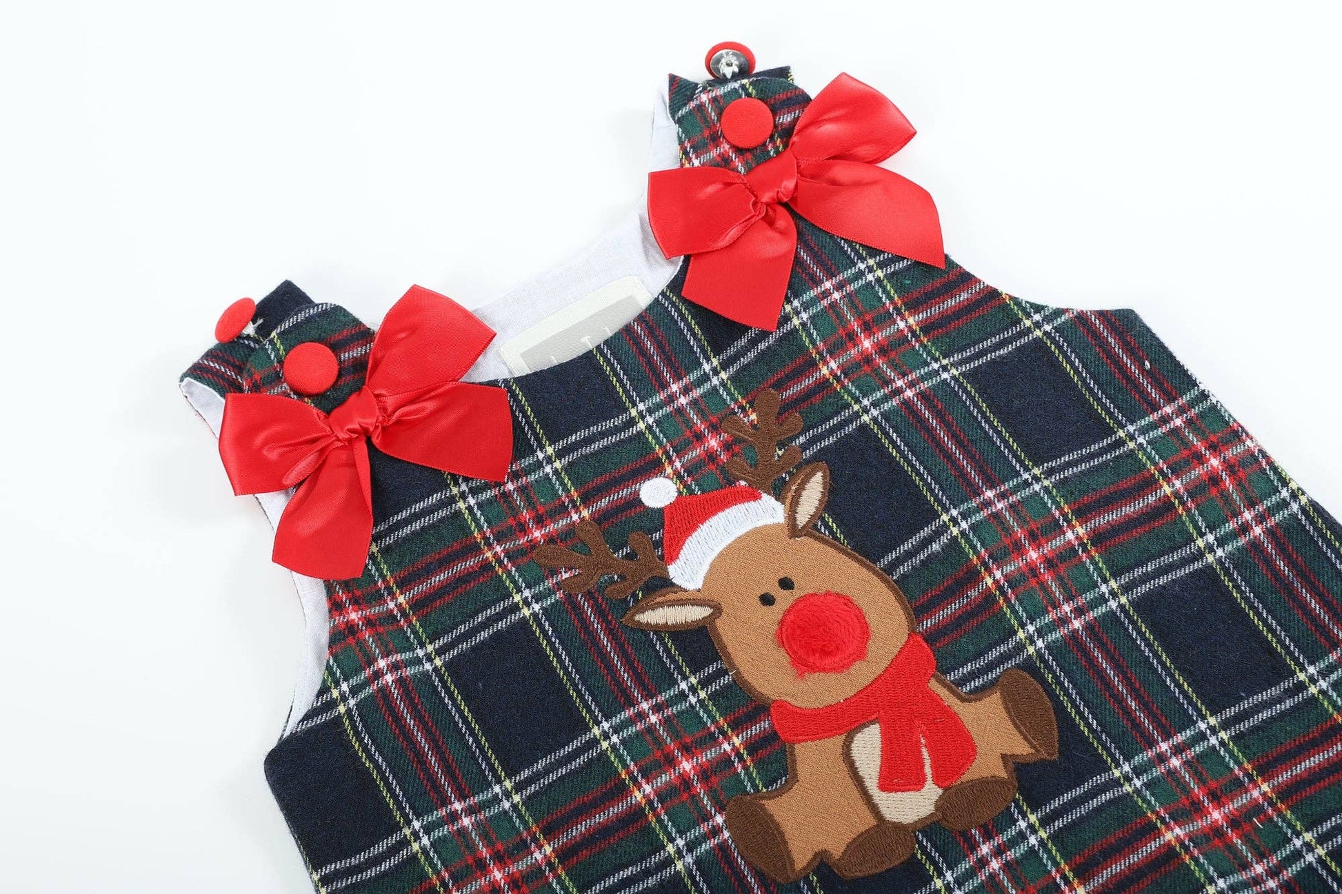 A Lil Cactus Navy and Red Plaid Reindeer Ruffle Dress: 3-6M with a reindeer on it.