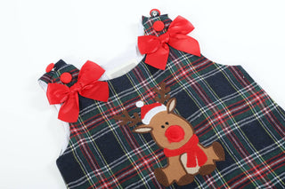 Navy and Red Plaid Reindeer Ruffle Dress Girls Dress - Chickie Collective