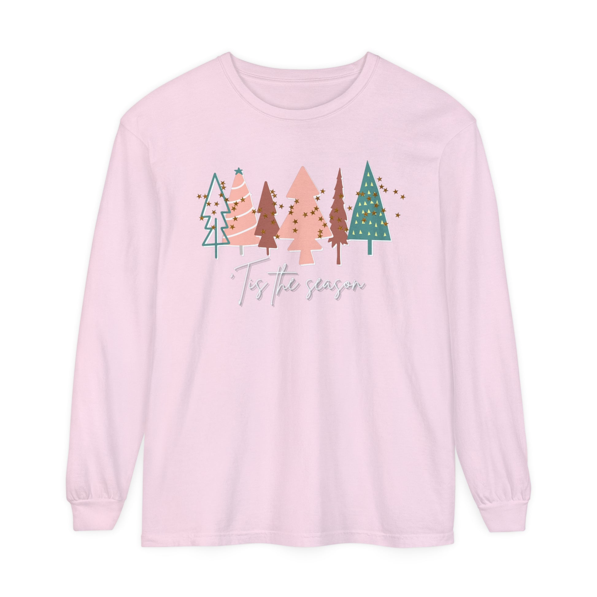 A pink long sleeve Tis the Season Christmas Tree Shirt by Comfort Colors, perfect for your winter wardrobe, offering comfort and style. Created by Printify.
