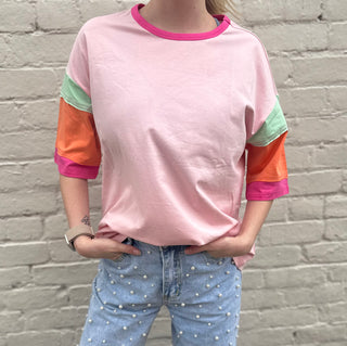 Pink Color Block Stitching Sleeve Round Neck Oversize Top Womens T-Shirt - Chickie Collective