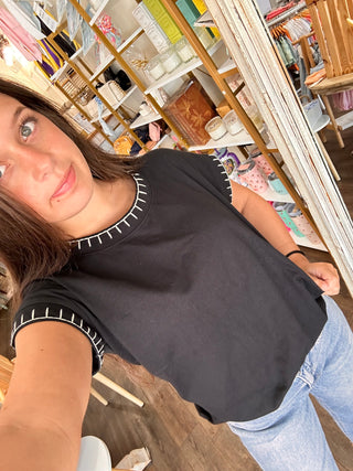 Black Stitch Detailed Oversized Top
