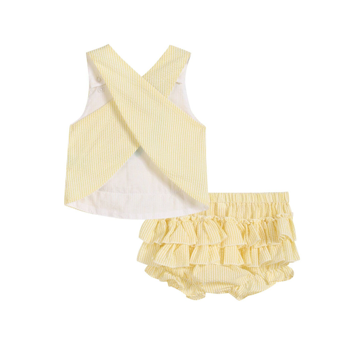An adorable Yellow Seersucker Turtle 2pc Baby Bloomer Set: 12-18M by Lil Cactus in soft cotton with ruffled bottoms.