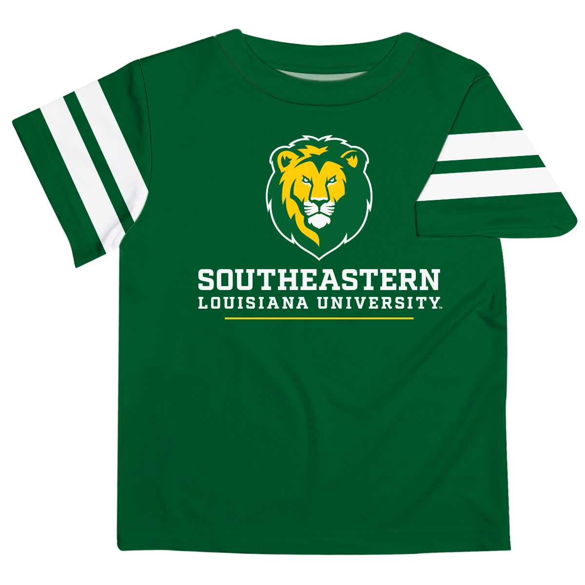 A Southeastern Louisiana Lions green t-shirt with stripes on sleeve by Vive La Fete.