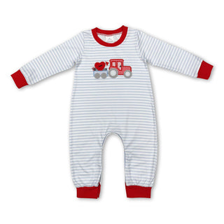 Heart-Embroidered Grey Stripe Valentine's Romper for Baby Boys Boys Outfit - Chickie Collective