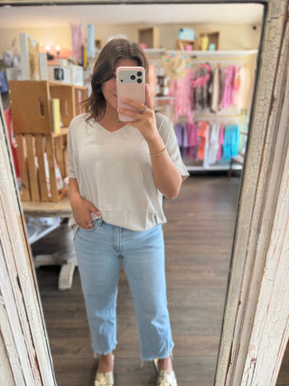 Cream Woven V-Neck Dolman Shortsleeve Top