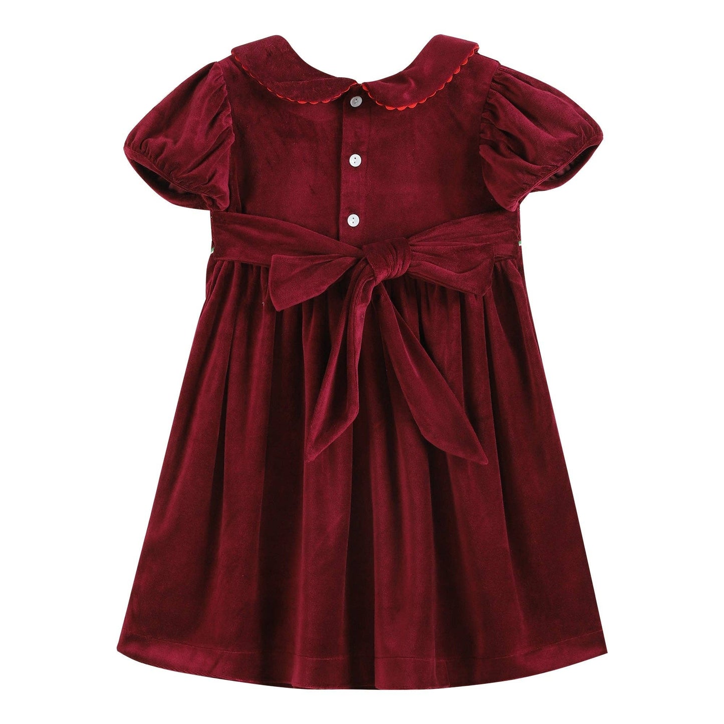 A cute girl's Lil Cactus Red Velour Christmas Tree Smocked Dress: 12-18M with a bow on the collar, perfect for Christmas.