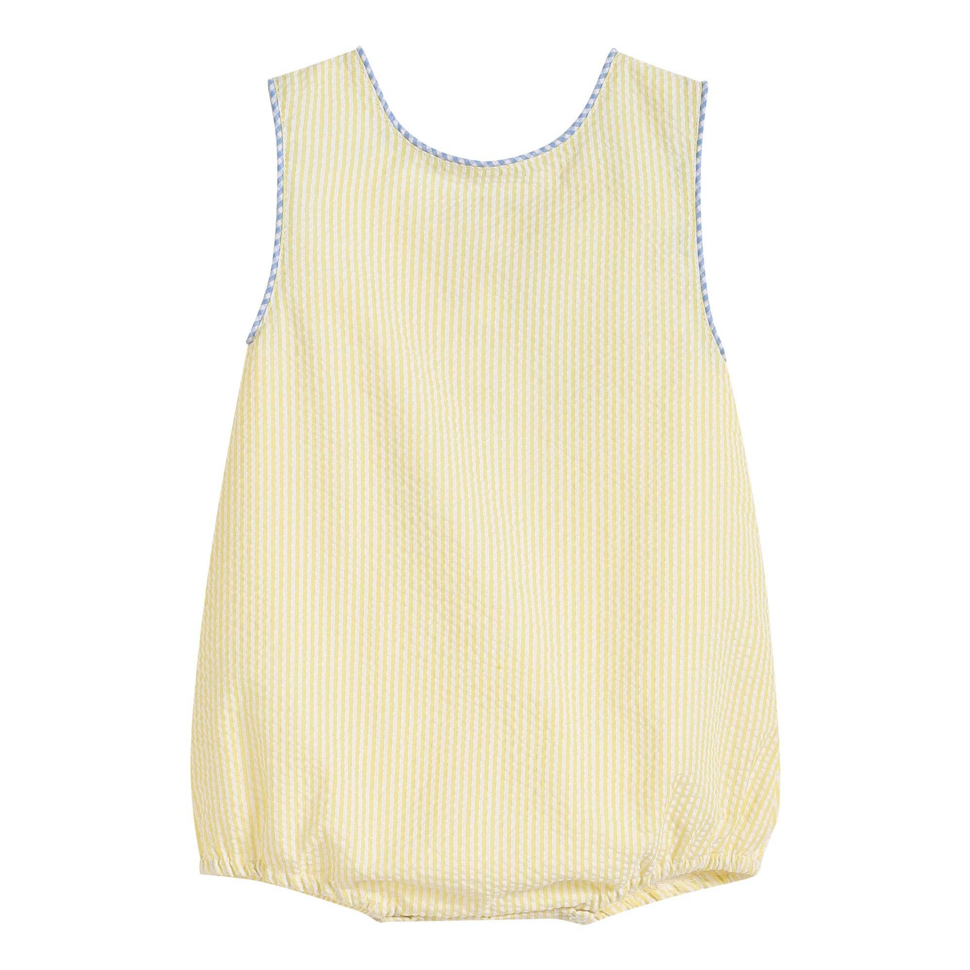 A Yellow Seersucker Turtle Baby Romper: 12-18M made by Lil Cactus, perfect for summer.