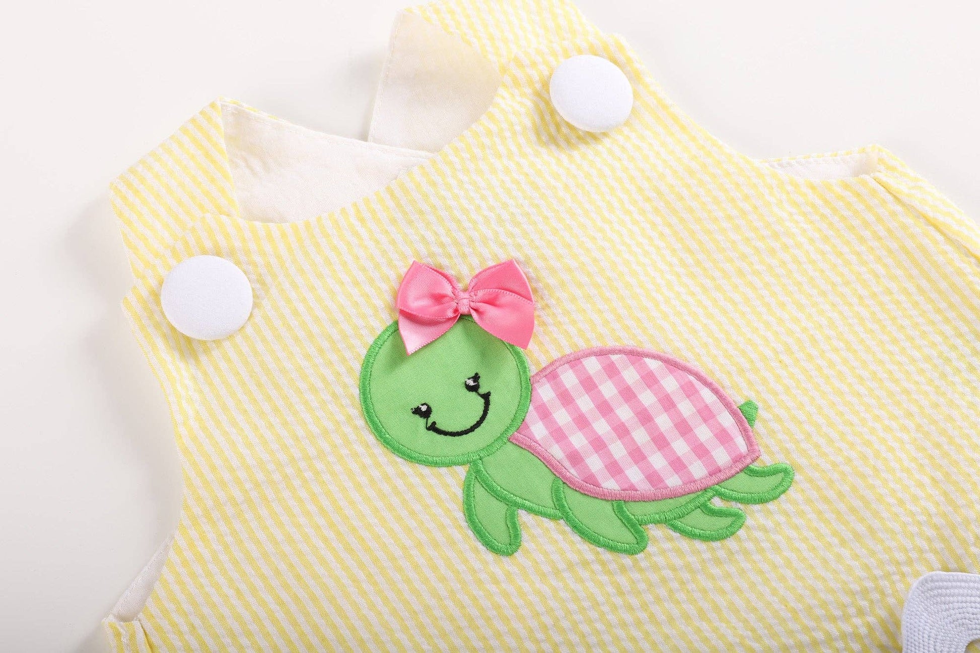 An adorable Yellow Seersucker Turtle 2pc Baby Bloomer Set: 12-18M from Lil Cactus, made from soft cotton.