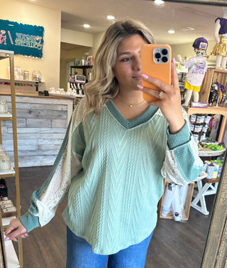 Lace-Embellished Cable Knit Sweater Shirt - Chickie Collective