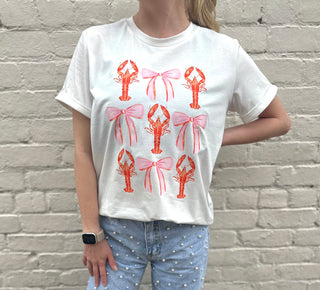 White Crawfish Bow Printed T Shirt for Fun Summer Style Women's Top - Chickie Collective