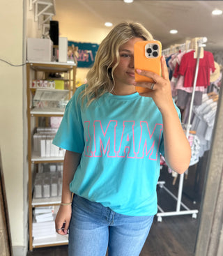 Bright Blue MAMA Letter Graphic Neon T Shirt - Chickie Collective