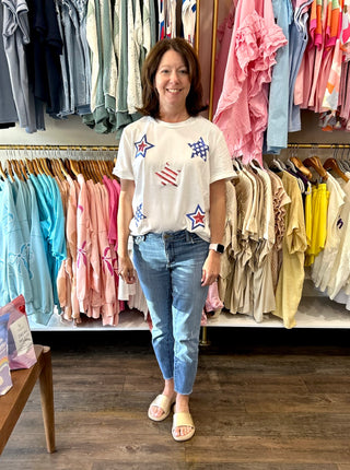 White USA Sequin Stars Patched Casual T-Shirt - Chickie Collective