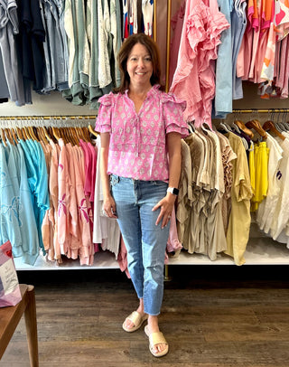 Pink Vintage Ruffled Split Neck Short Sleeve Blouse Women's Top - Chickie Collective