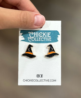 Orange & Black Witch Hat Stud Earrings Earrings - Chickie Collective