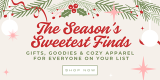 Promotional banner for holiday shopping with festive text and decorations.