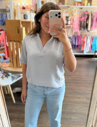 Light Grey Woven Collared V-Neck Shortsleeve Top