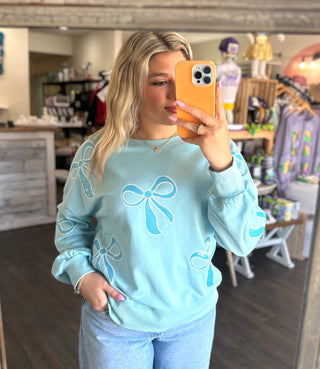 Baby Blue Sparkly Bowknot Oversized Sweatshirt with Drop Shoulders Women's Top - Chickie Collective