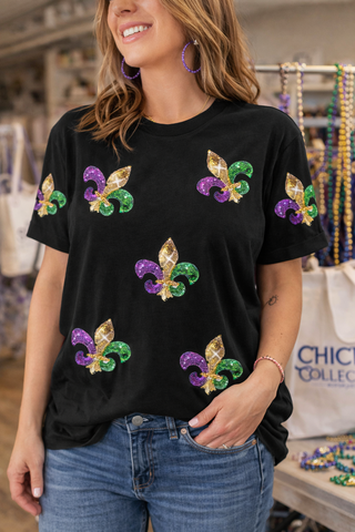 Black Mardi Gras Symbol Patched Crewneck T Shirt