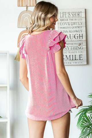 Pink Ribbed Ruffle Sleeve V Neck Top Women's Top    - Chickie Collective